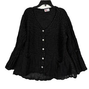 Linnea Black Linen Blend Crinkle Long Sleeve Button Blouse S Lagenlook Beachy